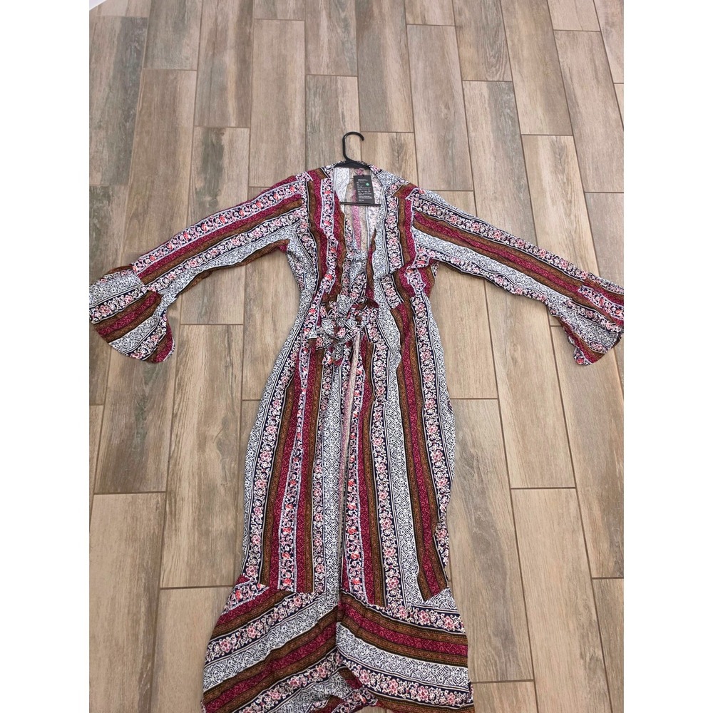 R.Vivimos Womens XL Boho Floral Stripe Wrap Maxi Dress Bell Sleeve Ruffle Hem